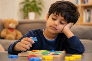 Thoughtful Child Solving a Colorful Puzzle autism